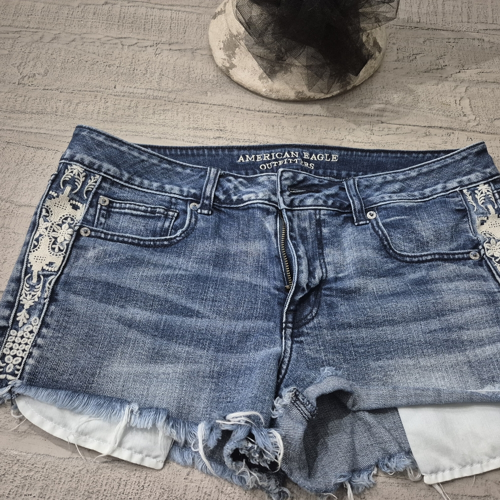 American Eagle Outfitters Blue Jean Shorts with Lace Detail